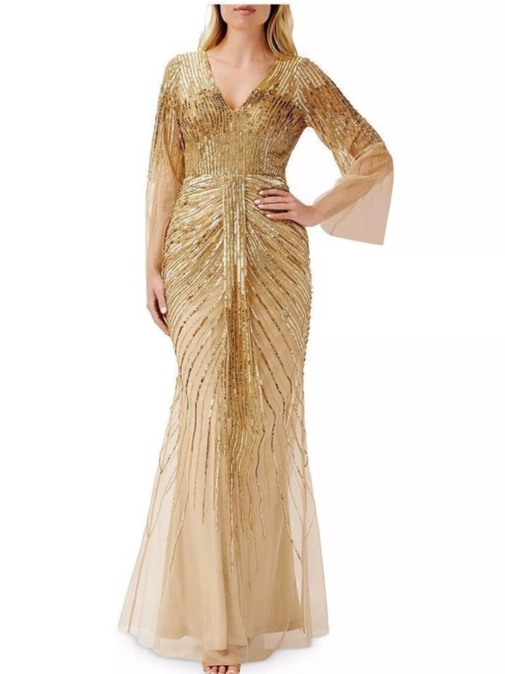 Aidan Mattox Sequin Bell Sleeve Gown Gold Sz 16 NWT Formal Evening Dress